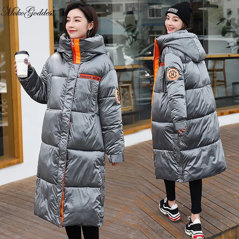 

Moko Fashion Epaulet Glossy Parka Winter Jacket Women 2020 New Thick Long Hooded Parka Coat Female Office Lady