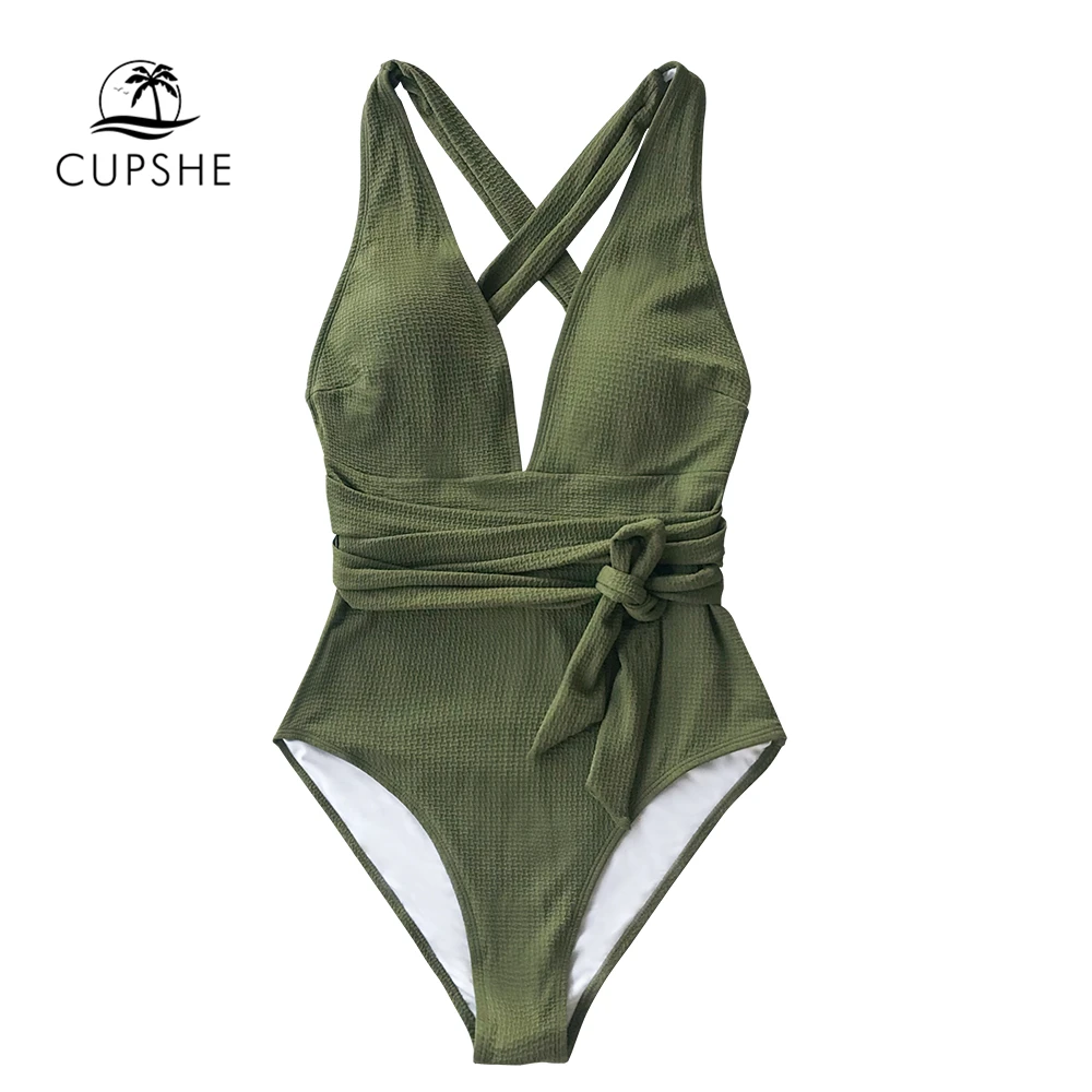 CUPSHE Olive Textured One-Piece Swimsuit Women Sexy V-neck Lace Up Backless Monokini 2020 Girls Beach Bathing Suit Swimwear | Спорт и