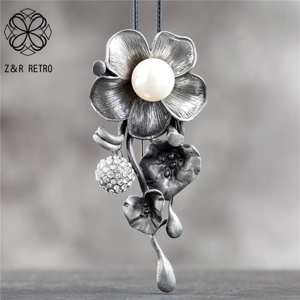 Flower Pendants Long Necklace for Women Vintage Jewelry White Beads Suspension Goth Chains Chokers Wholesale Jewellery 2021 New | Украшения