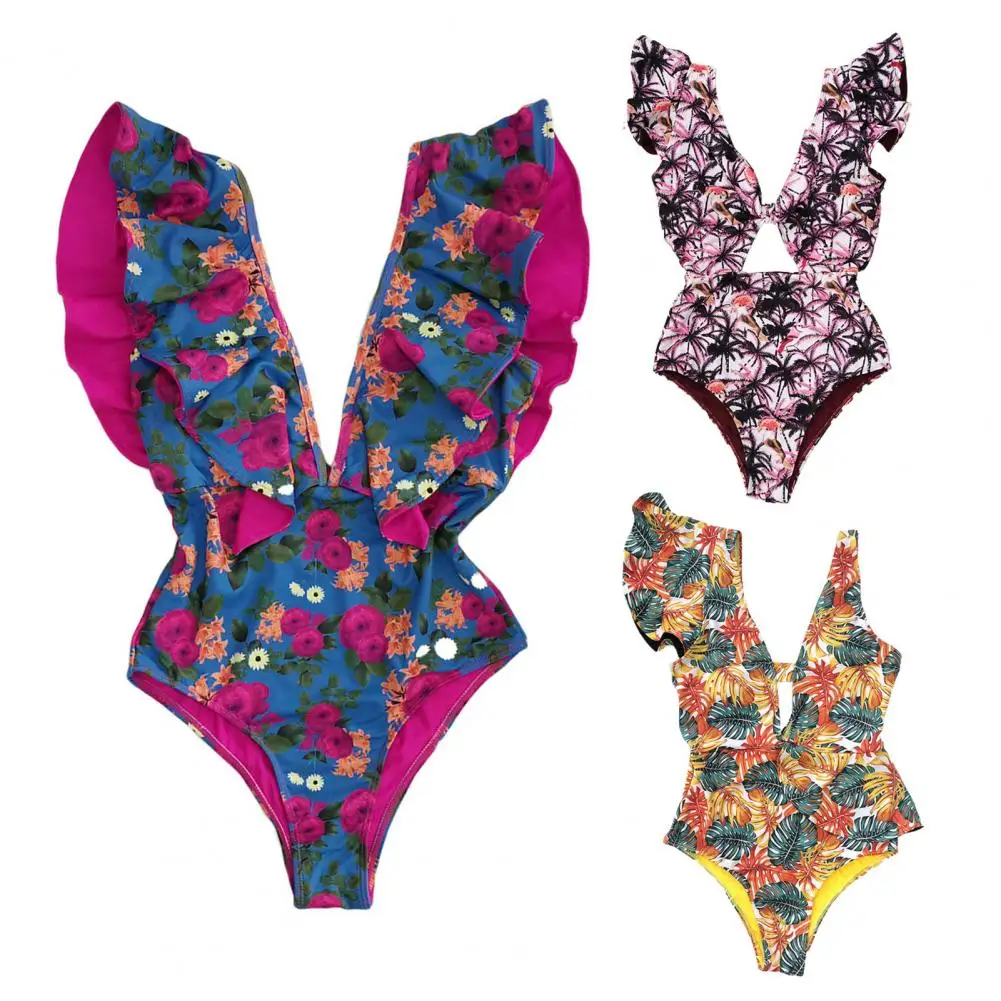 

Bikinis Set Monokini Floral Print Deep V Neck Swimwear Women Sexy Ruffle One Piece Swimsuit for Summer Women's Clothing