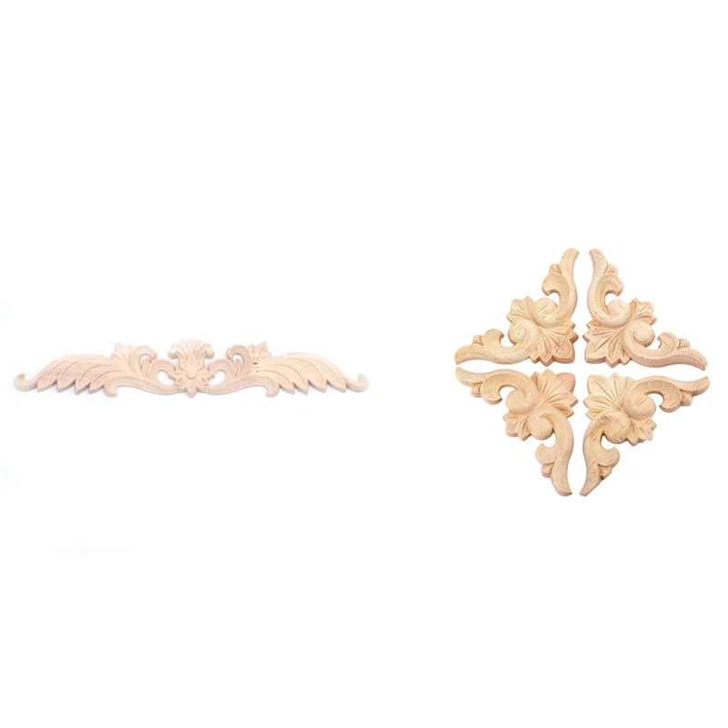 

5PCS Rubber Wood Carved Onlay Applique Unpainted Flower Door Home Furniture Decor, 24.5X4.5Cm & 6X6cm