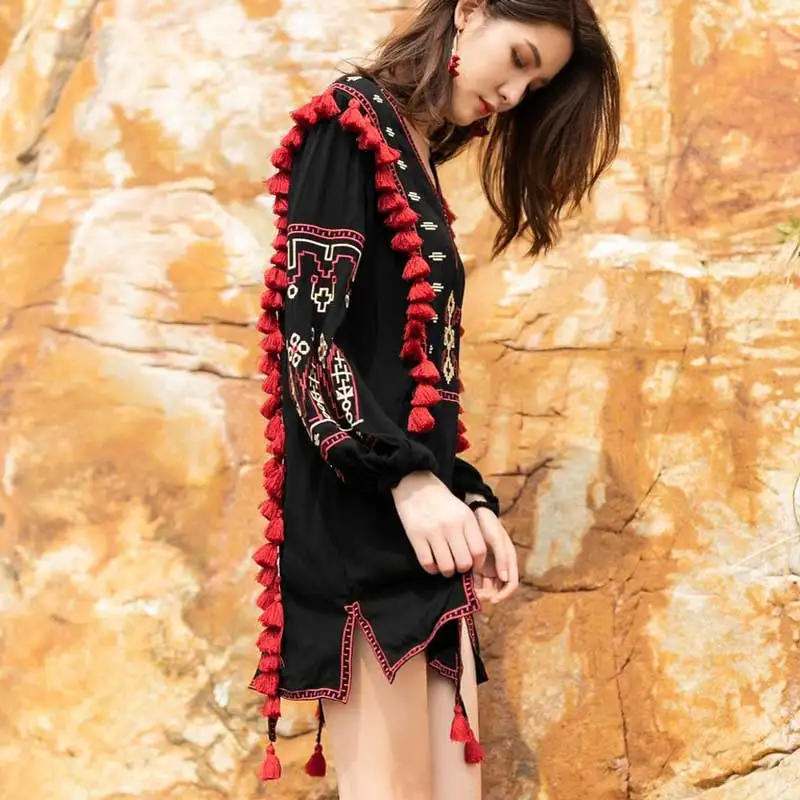 Boho Inspird женская блузка рубашка Ретро Народная украинская вышивка блузки в богемном стиле бахрома с кисточками Топ с длинным рукавом льняные блузы