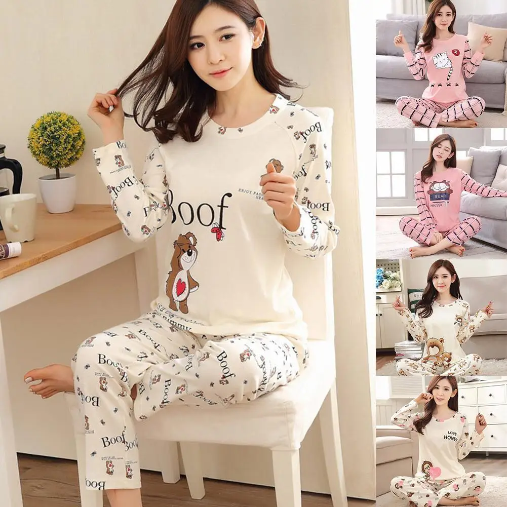 

Women Ladies Pajama Set Long-sleeved Trousers Loose Sleepwear Nightwear