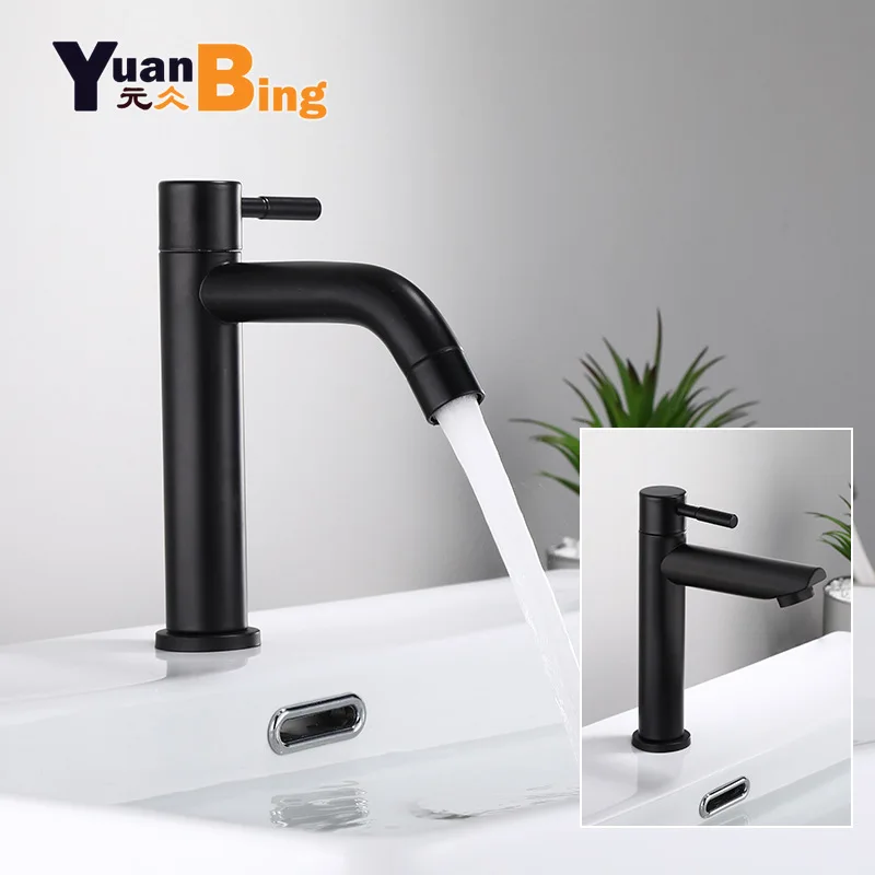 

304 Stainless Steel Bathroom Faucet Black Basin Faucet Single Cold Water Sink Faucet Handle Deck Mounted