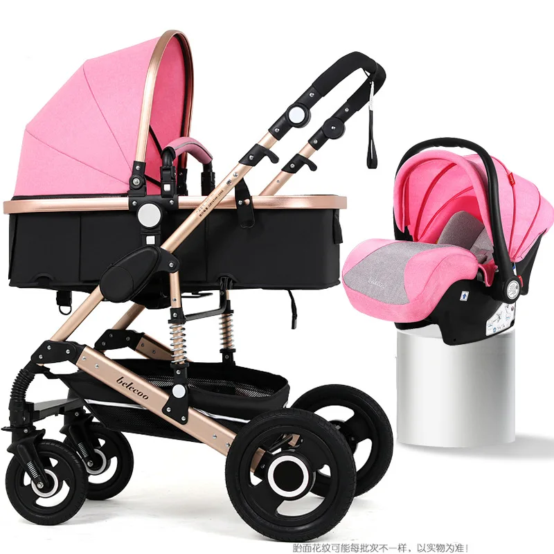 pink 3 in 1 Роскошная детская коляска с высоким пейзажем, 3 в 1, детская коляска, летняя зимняя коляска, Адаптированная для новорожденных, детская люлька, купон на 10 USD - Цвет: pink 3 in 1