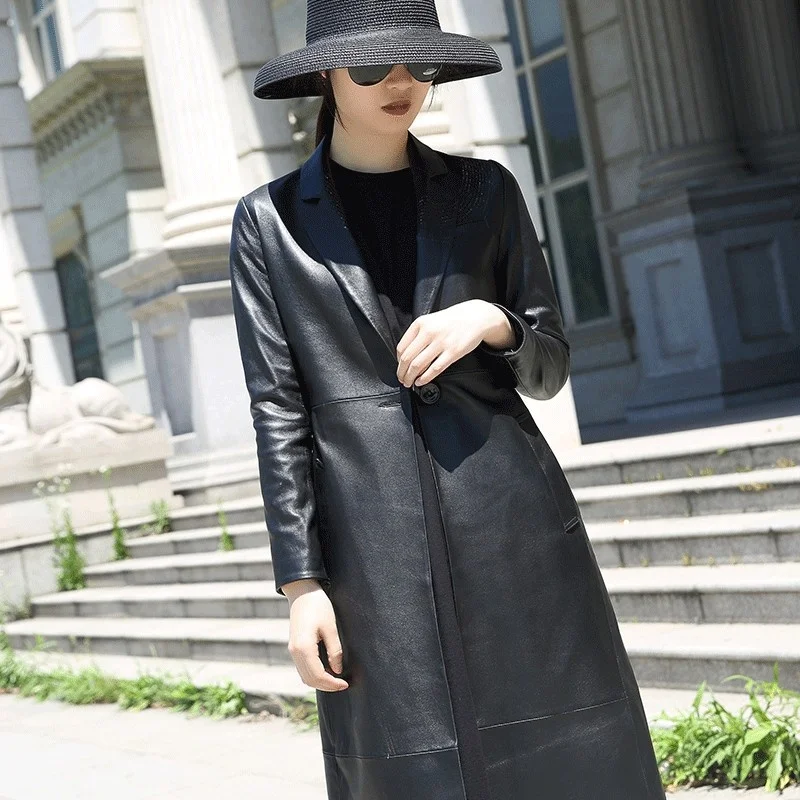 Женская длинная куртка из натуральной кожи черная Ветровка овечьей шкуры с одним