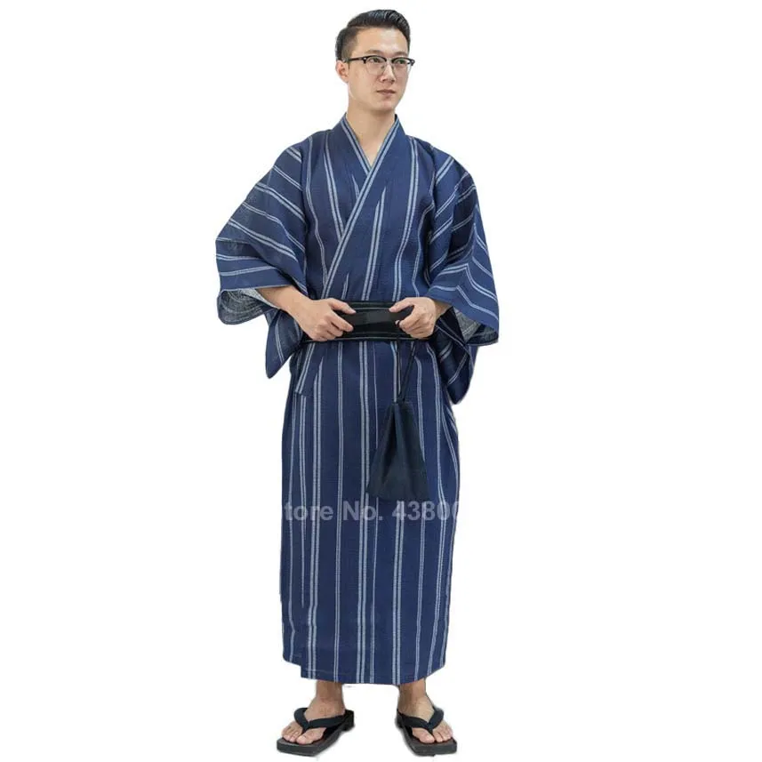Традиционный Азиатский японские костюмы Мужские новогодние кимоно Jinbei пижамы Спа сауна тонкая хлопковая юката длинный банный Халат