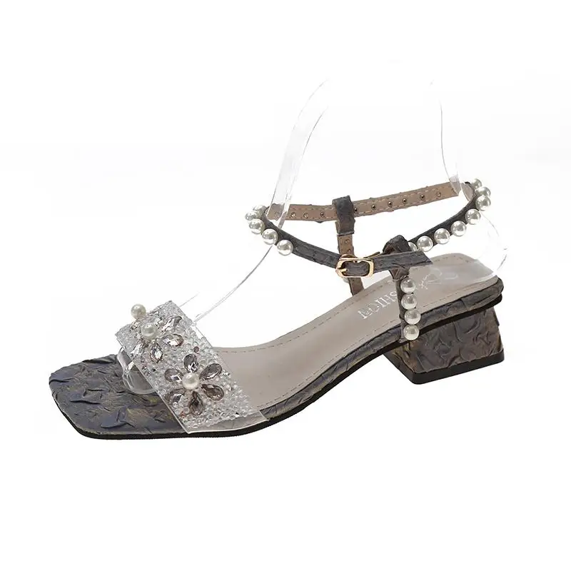

Block Heels Fashion Womens Shoes 2021 Clear Sandals Med Buckle Strap Suit Female Beige Chunky Luxury Medium Rhinestone Pearl Com