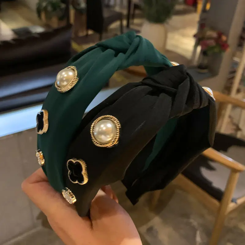 

2021 Vintage Cloth Knot Pearl Bezel Hairband Women Clips Hair Accessories Headband Opaska Do Wlosow Bandeau Femme Diademas