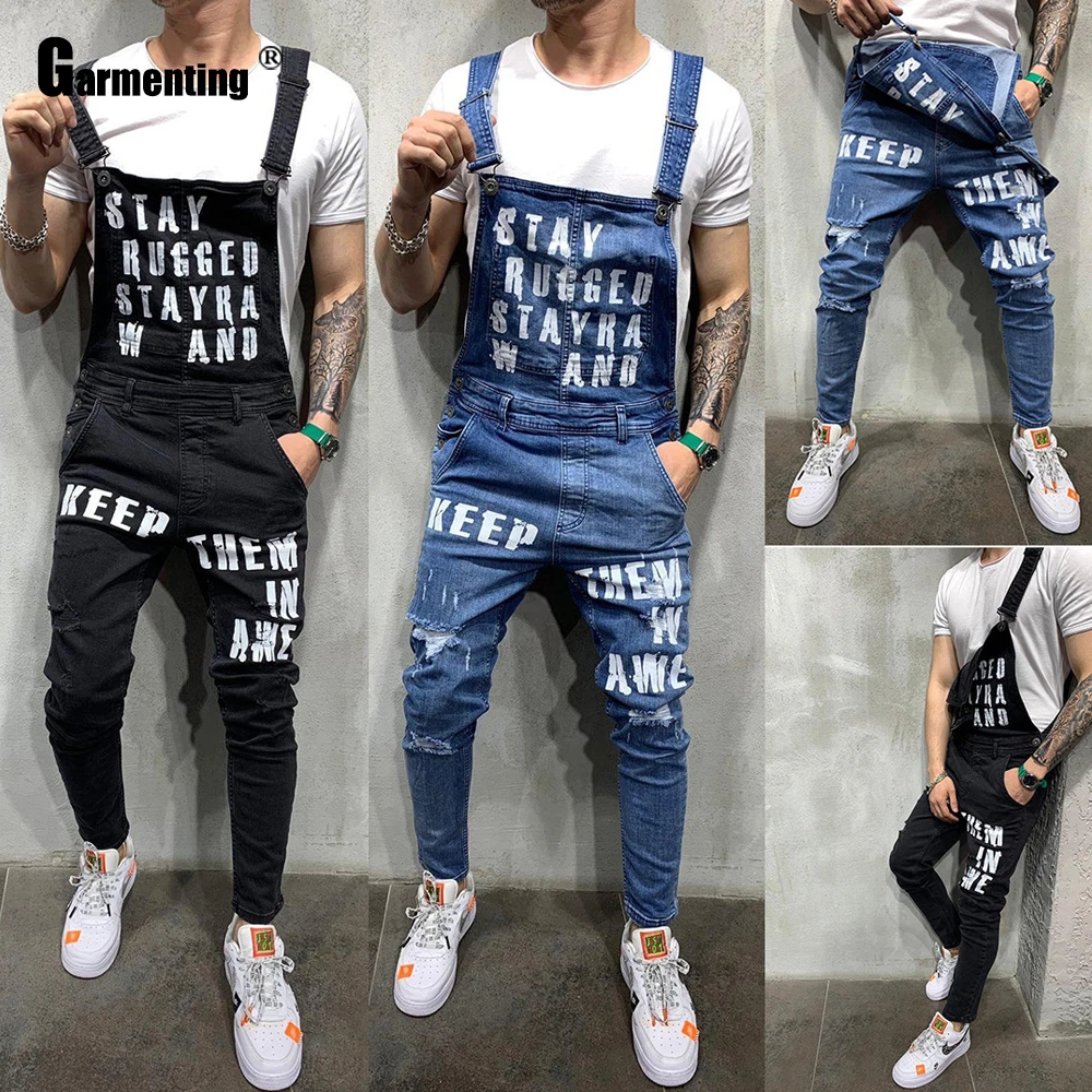 Garmenting Plus Size Men's Fashion Jeans Demin Overalls Skinny Jumpsuits Letter Print Strappy Jeans Trousers Men Clothing 2022