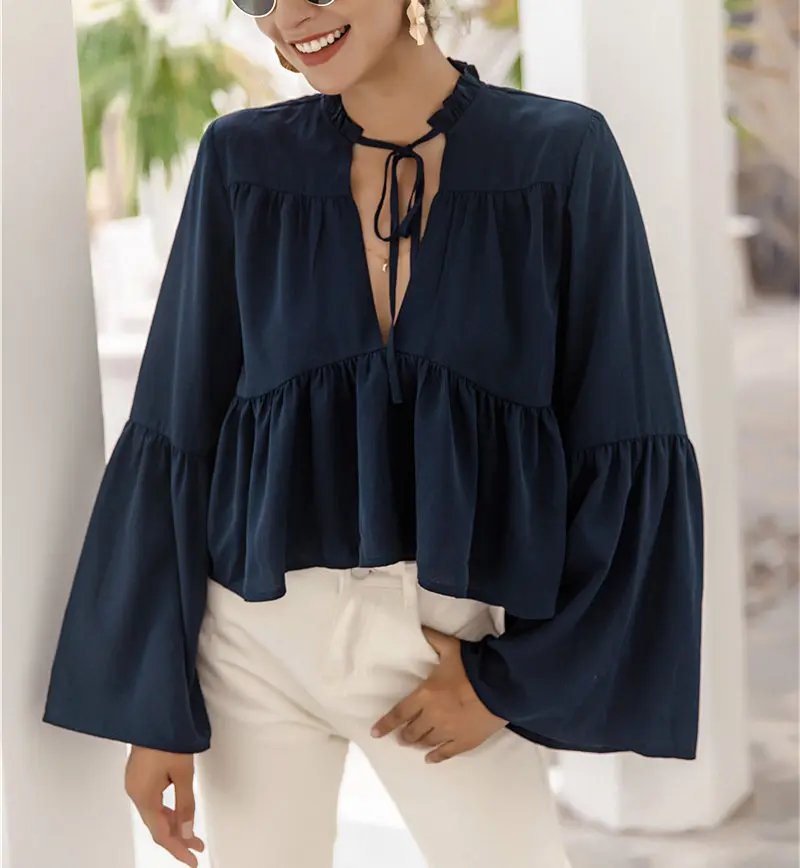 

2021 New Spring Summer Soild Blouse Deep V Collar with Flare Sleeves Office Ladies Shirts Autumn Casual T-Shirt