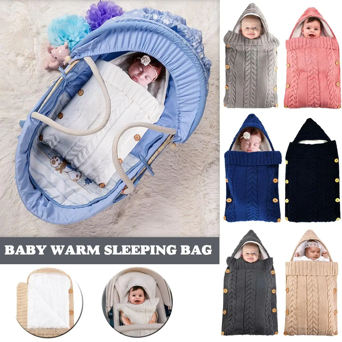 

Newborn Baby Swaddling Stroller Wrap Winter Warm Sleeping Bags Button Knit Swaddle Sleeping Bags Infant Toddler Blanket
