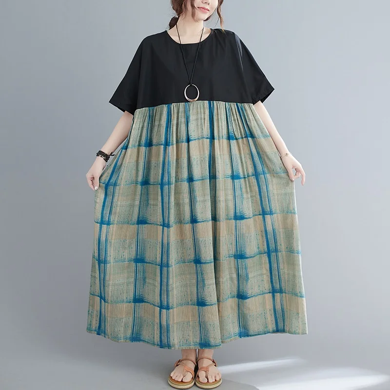 

short sleeve plus size cotton vintage plaid dresses for women casual loose long woman summer dress elegant clothes 2021 sundress