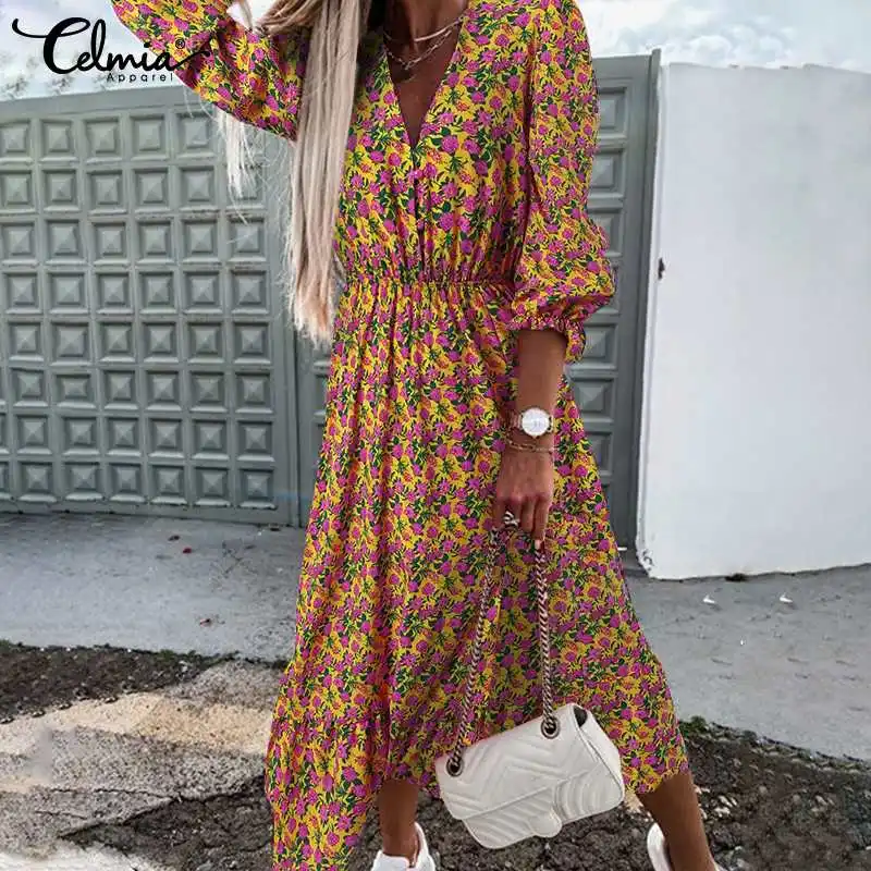 

Celmia Women's Fashion Bohemian Midi Dress Elegant Floral Printing Long Puff Sleeve Long Vestidos Casual V-neck High Waist Robes
