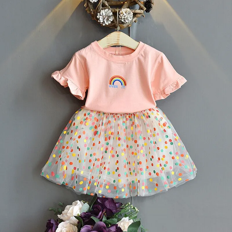 

Girls summer suit 2020 new fashion children's printed short-sleeved skirt female treasure Western-style skirt 2 pcs oso feliz