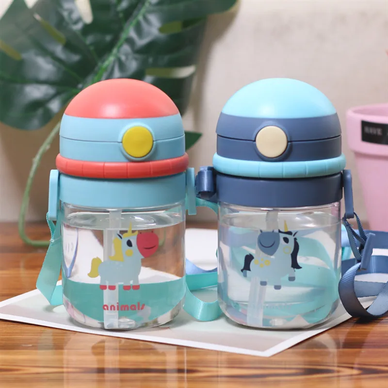 Summer cartoon cute strap children's plastic straw cup kindergarten baby portable outdoor anti-fall water-proof cup 380ml