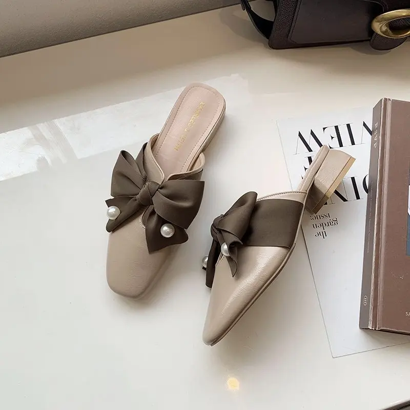 

Shoes Butterfly-Knot Med Slippers Soft Slipers Women Square heel Slides Fashion Cover Toe Comfort 2021 Block Luxury Summer Butte