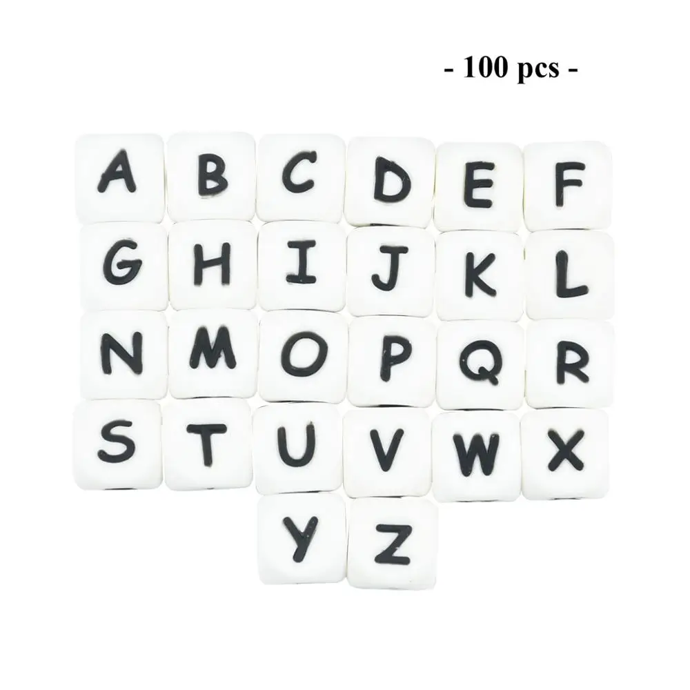 Cuentas de letras de silicona de 12 MM para mordedor de beb&eacute;, abalorios para nombre personalizado, cuentas de alfabeto para masticar roedores, 100 Uds.-0