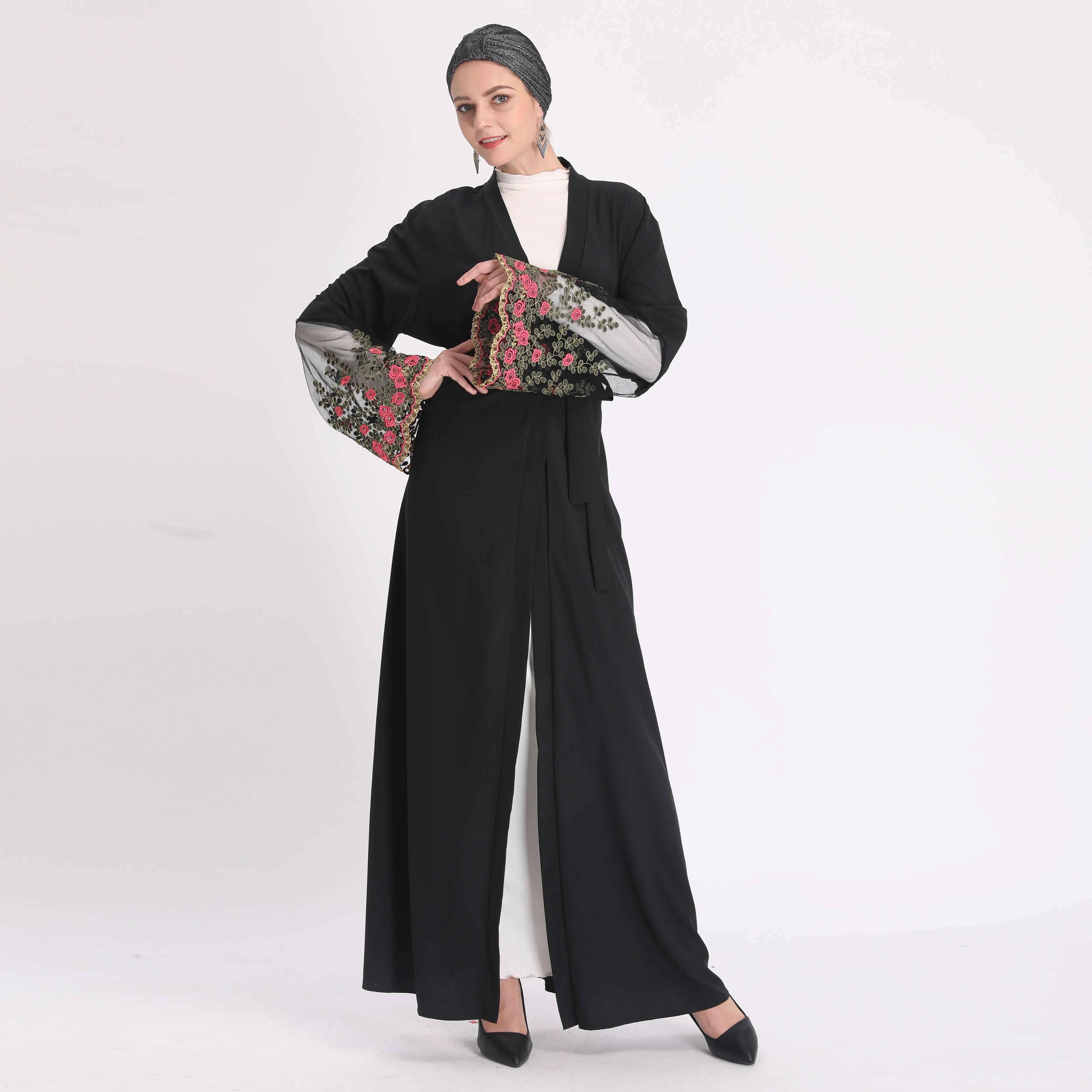 Элегантное мусульманское кружевное платье с вышивкой Abaya сетчатый кардиган