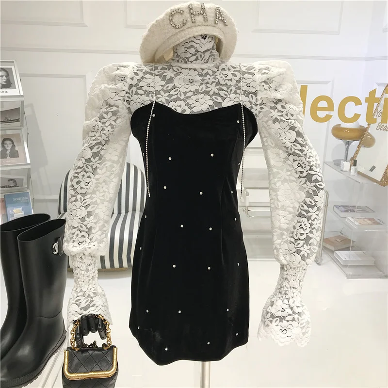

Women's Spring Summer 2021 new foreign style bubble sleeve high collar lace blouse halter skirt velvet dress two-piece set