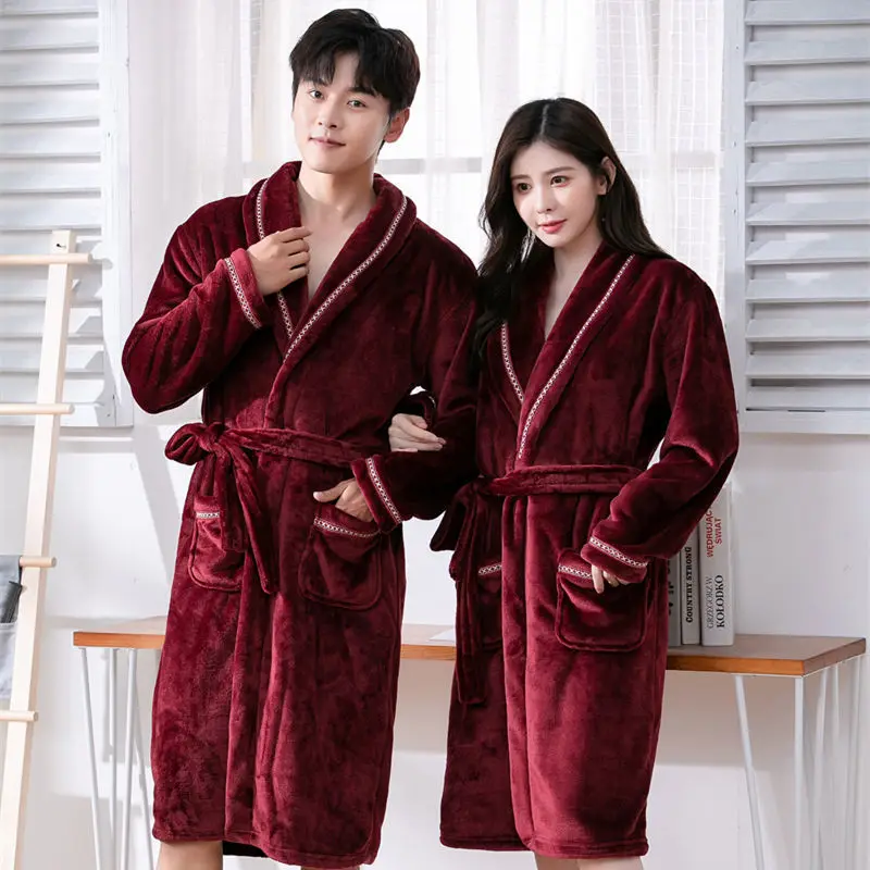 Winter Facecloth Thickened Couple Robe Women Coral Velvet Bathrobe Men and Women Plus Velvet Plus Long Pajamas Home Wear Pajamas