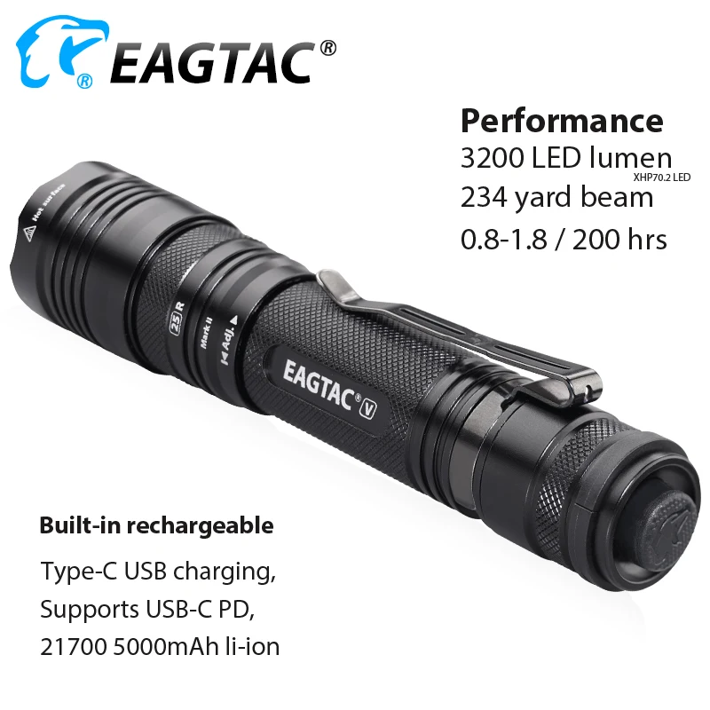 EAGTAC T25V светодиодный фонарик USB-C USB Перезаряжаемый 21700 5000 мАч аккумулятор