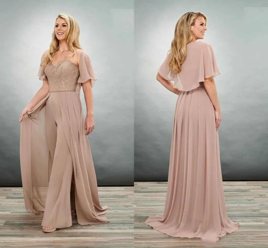 

Unique Brown Mother Of The Bride Groom Jumpsuits Pant Suits Sweetheart Lace Shawl Chiffon Evening Formal Dress vestidos de noch