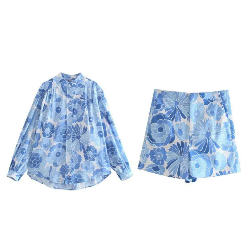 

PSEEWE Summer 2 Piece Set Women Sets Za Blue Floral Print Puff Sleeve Blouse Short Suits Fashion 2021 Casual Hight Waist Shorts