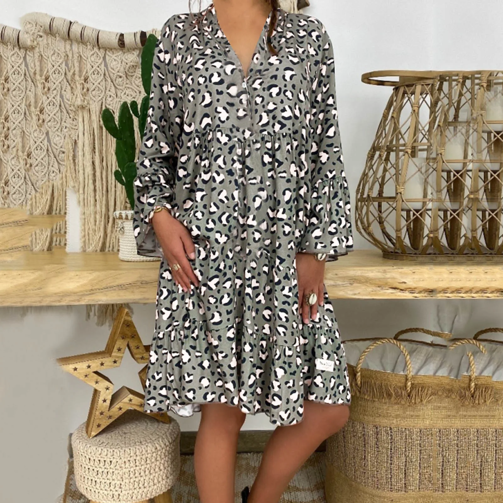 

2021 Autumn New Dress Women's Casual Printed Button Long-sleeve Shirt Dress Fashion V Neck Print Dress Платье с длинным рукавом