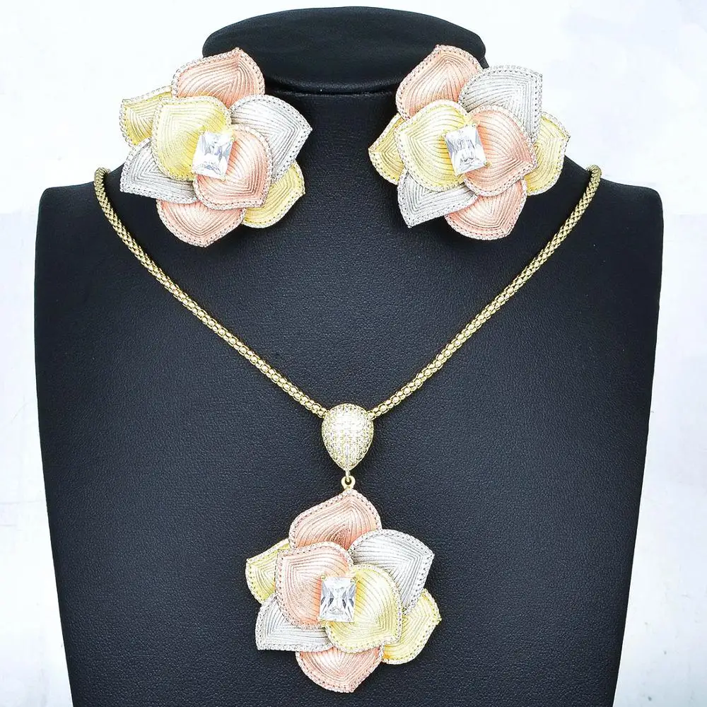

Newness BIG Flower Floral Fashion Luxury Super AAA Cubic Zirconia Indian Women Engagement Big Earring Necklace Jewelry Set