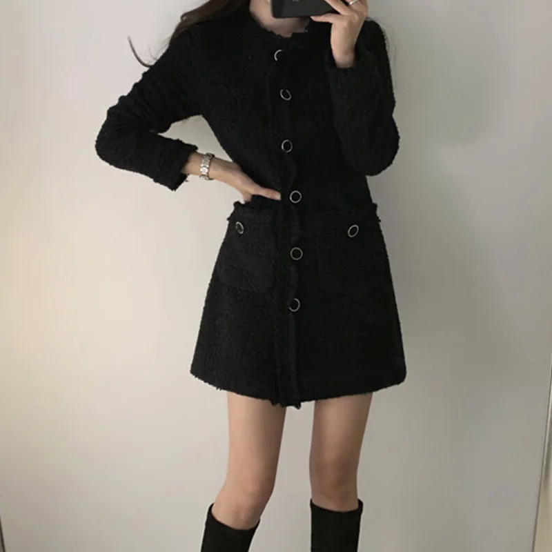 

2020 Thick Autumn Winter Dress Women One-Piece Fashion Chic Elegant Temperament White Single-Breasted Mini Dress Female Dresses