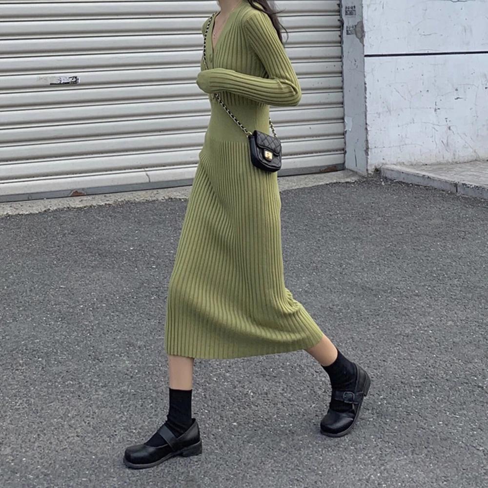 

V Neck Knitted Sweater Dress Autumn Winter 2021 Elegant Bodycon Vintage Casual Party Black Green Long Sleeve Knitwear Dresses