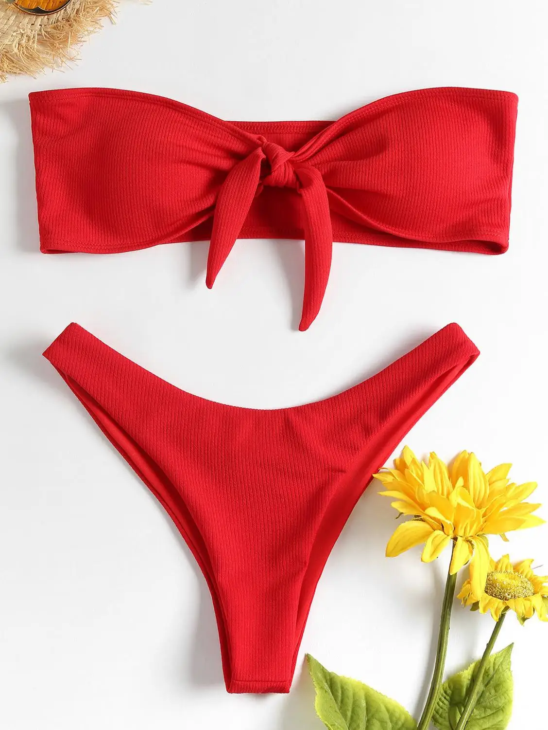 Women's Bikini Set Tube Top Bow Sexy Split Swimsuit White Red Solid Color Striped Polyester Two-piece Suit Swimwear | Женская одежда