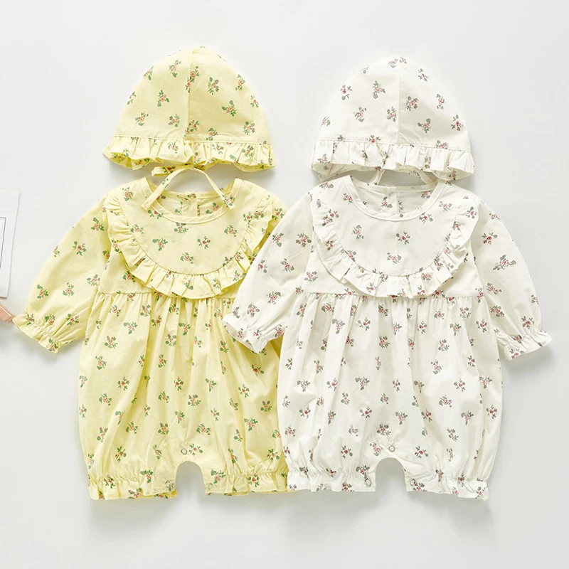 

New 2020 Baby Girl Bodysuits Baby Long Sleeves One Piece Flowers Bodysuit + Hat Sweet Crawls Clothing Rompers