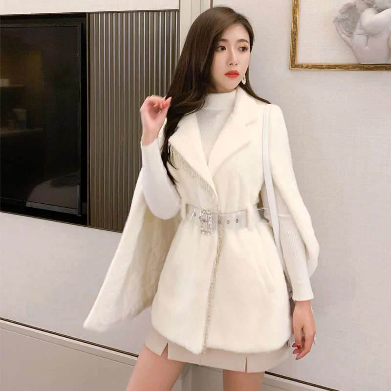 

Женская накидка с большим V-образным вырезом, осенне-зимняя накидка из меха норки с бахромой и бусинами, 2020