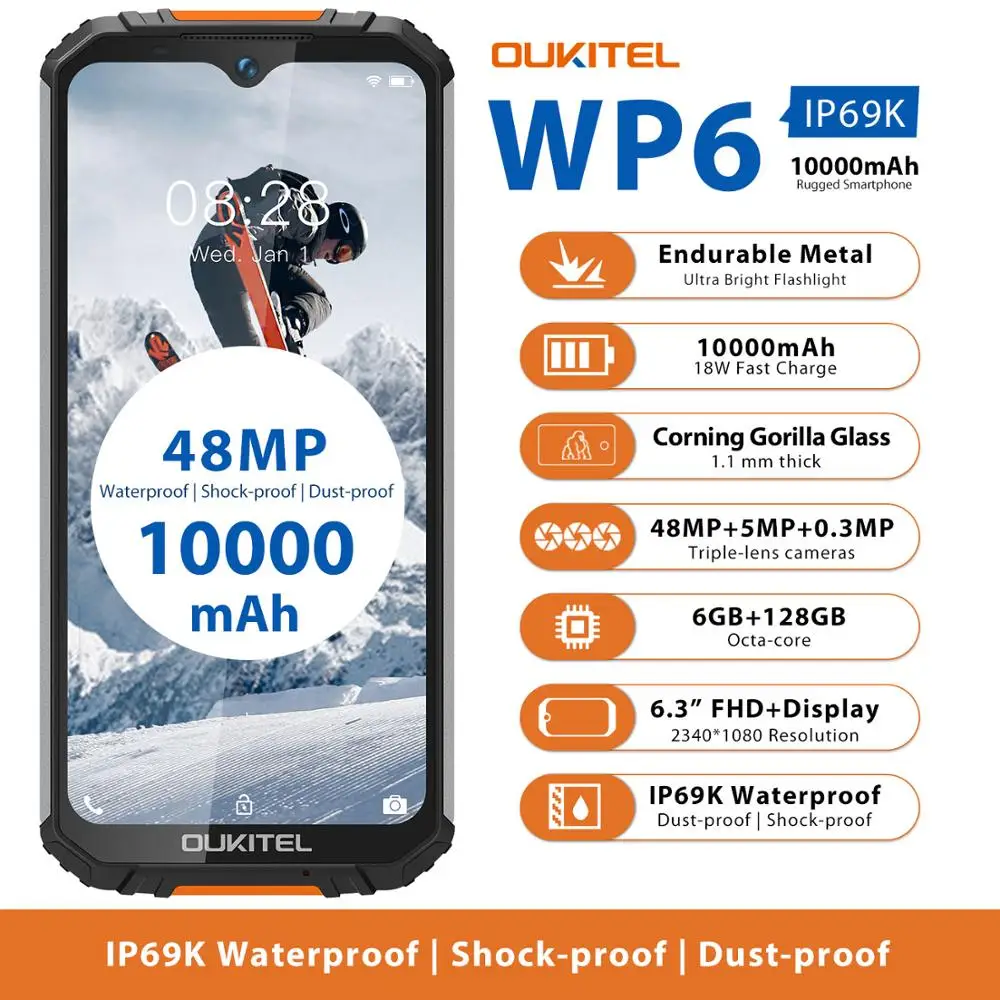 OUKITEL WP6 6 ГБ + 128 Гб IP68 Водонепроницаемый 10000mAh смартфон 3 &quotFHD безрамочный экран с 48MP