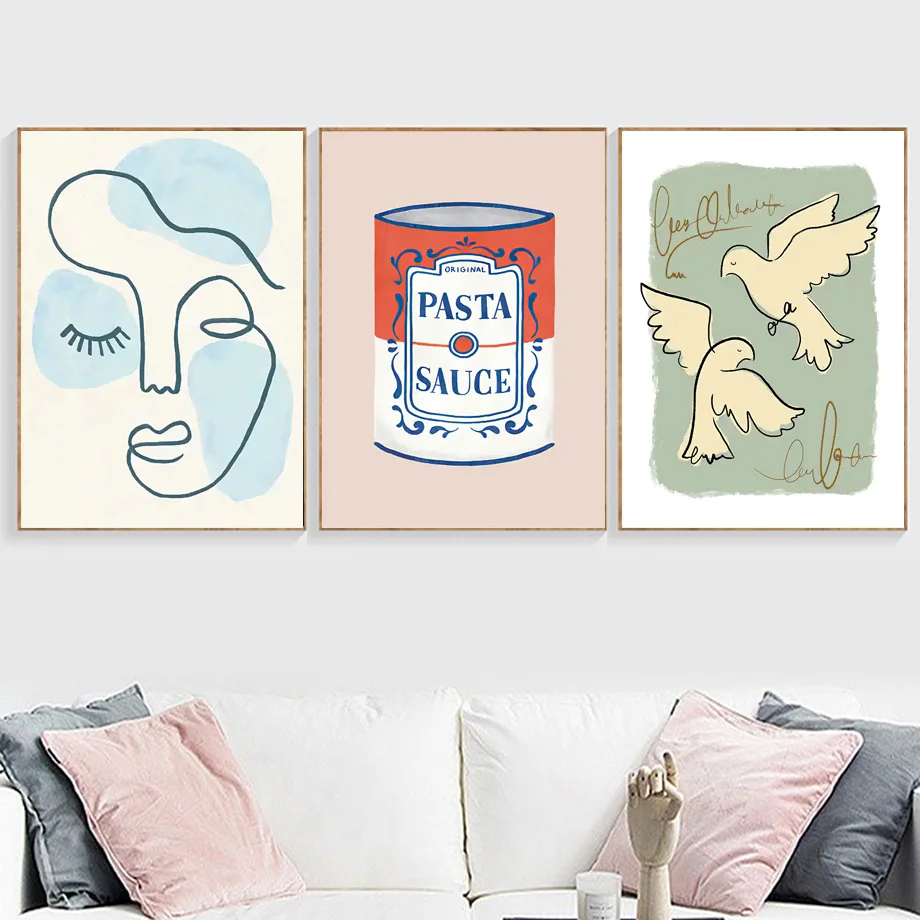 Картина на холсте голубь паста соус с абстрактными линиями настенная живопись