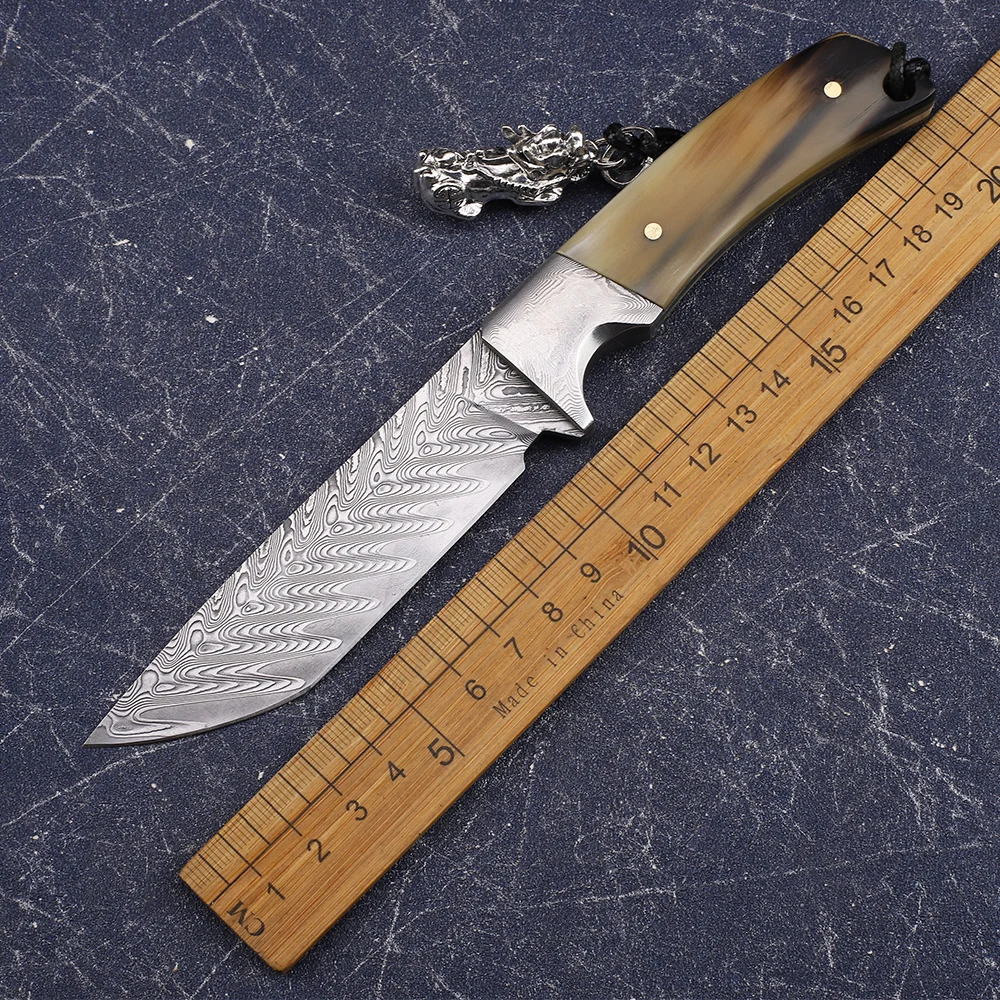 

Horn Handle VG10 Damascus Steel Outdoor Camping Hunting Survival Pocket Kitchen Knife EDC Tool