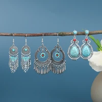 vintage bohemian ethnic metal tassel earrings for women silver color hollow rice beads stone geometric jewelry gift wholesale