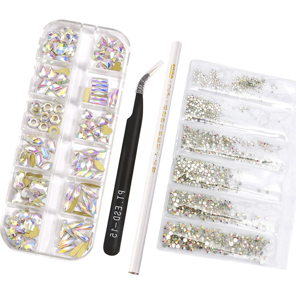 

1 Set Mix Shape Crystal AB Nail Art Rhinestone Glass Diamond Flat Back Round Rhinestone DIY Nail Art Decorations Manicure Tools
