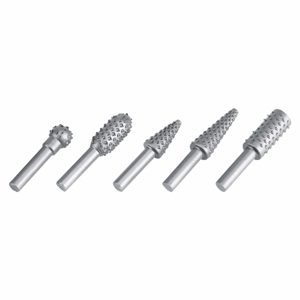 5Pcs Rotary Rasp Set Silver Hard Alloy Burr File 6.3mm Shank Wood Carving Drill Bits woodwork tools kit | Инструменты