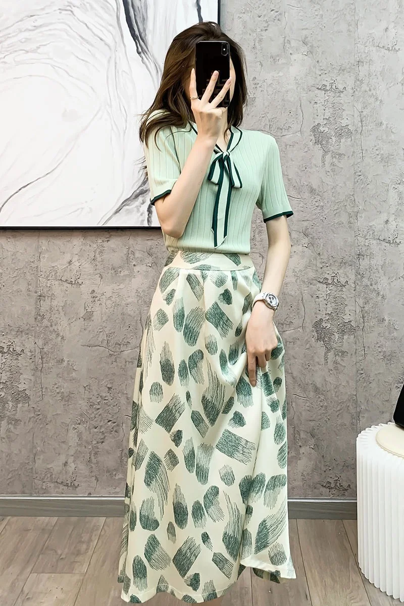 High Quality Sweater Sets 2021 Spring Summer Long Skirt Suits Women Knitted Green Pullovers+Elegant Floral Print Skirt Sets 2pc
