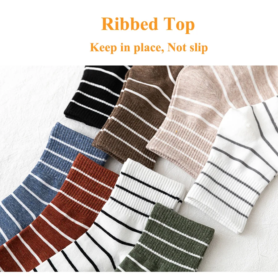 

Women Vintage Socks Classic Striped Pattern 8 Colors Black White Khaki Blue Crew Cotton Sock Short Casual Style