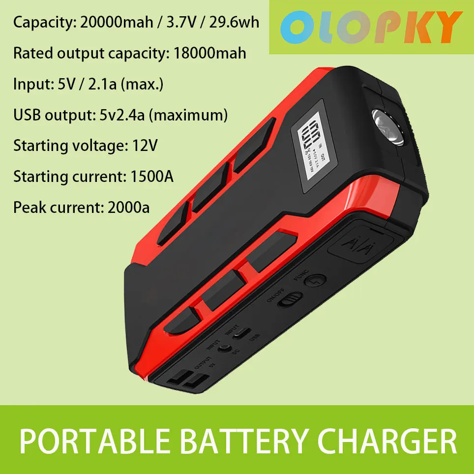 

12V, 20000mah / 1500A diesel vehicle starter, portable battery charger, starting device