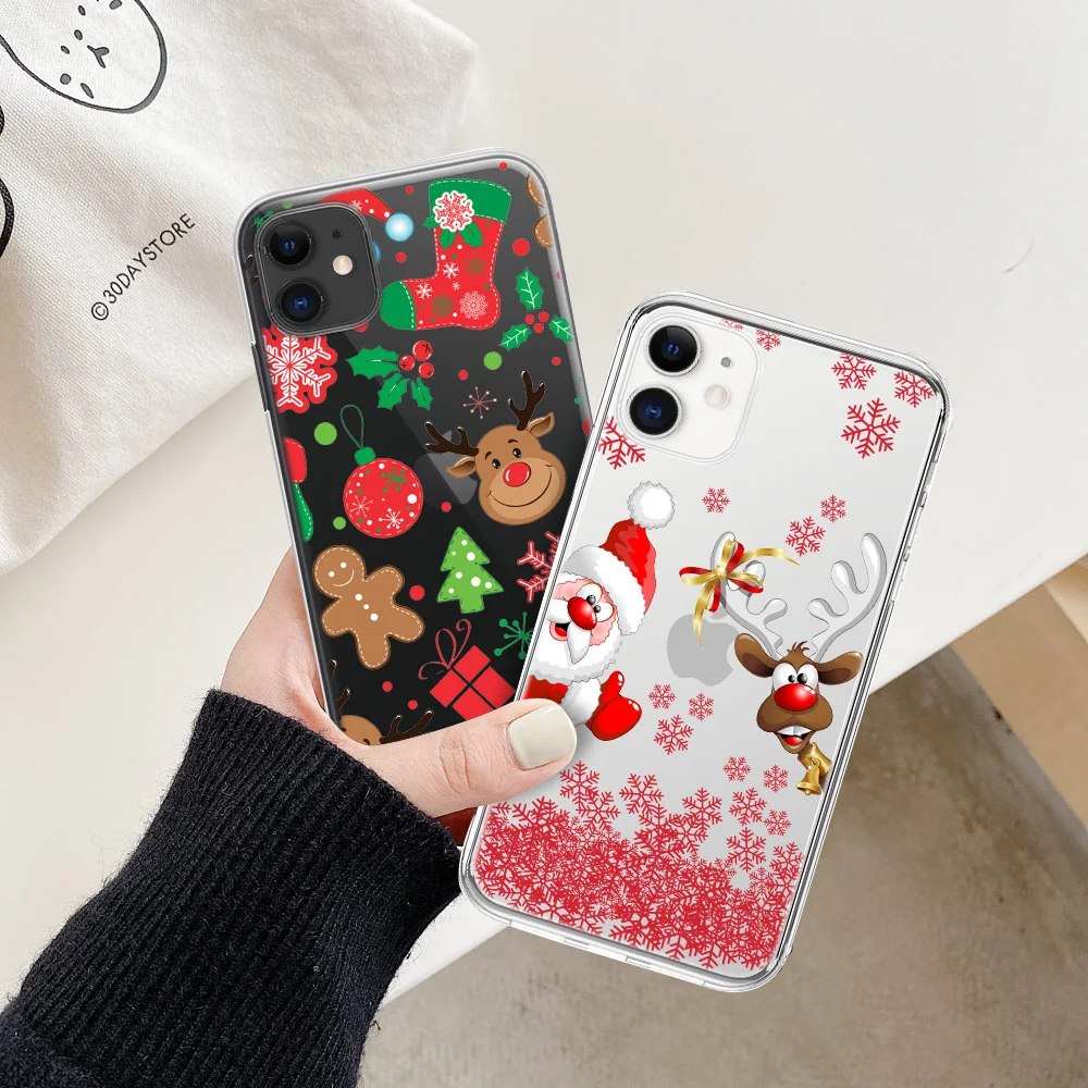 

USLION Cute Christmas Elk Snowflake Clear Phone Soft Protection Cover For iPhone 11 12 Pro Max Mini 5 6 7 8 Plus X XR XS XSmax