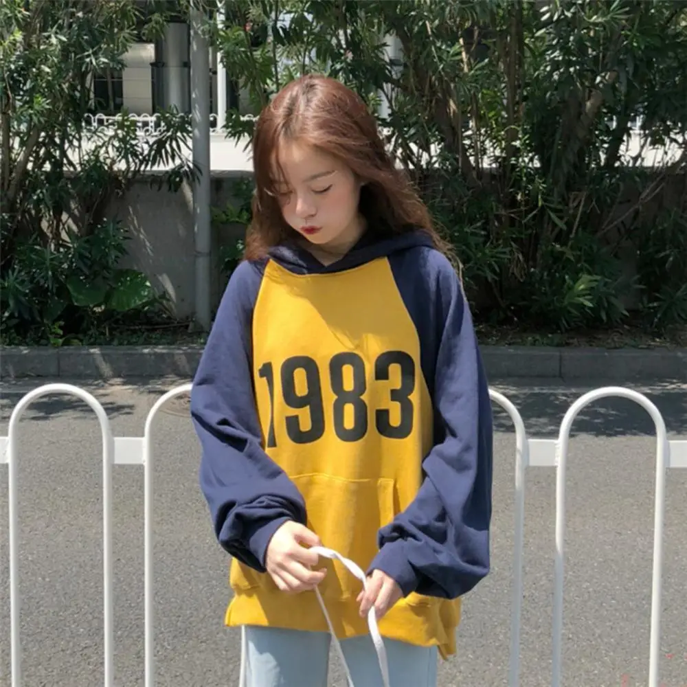 

Casual Oversized Hoodie Sweatshirt Women Autumn 2021 Color Block Women's Hoodies Long Raglan Sleeve For Women Sweatshirts
