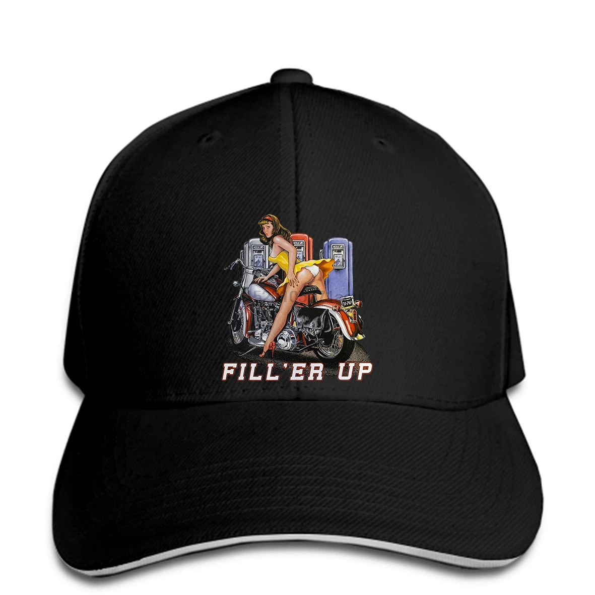 

Baseball cap Print hat im Schokoton mit einem Biker-Chopper-&Old Schoolmotiv Modell Fill er Up