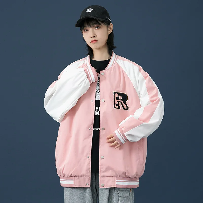 

Women's Towel Embroidered Baseball Jacket Loose Couple Casual Splicing Contrast Color Top Oversized Jeans Mujer Chaqueta