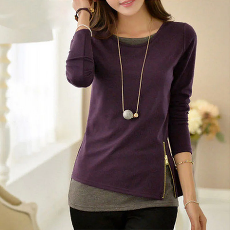 

Pop Women Casual Long Sleeve Knitted T-Shirt Spring Autumn Side Zipper Office Tunic Tops Pop 88