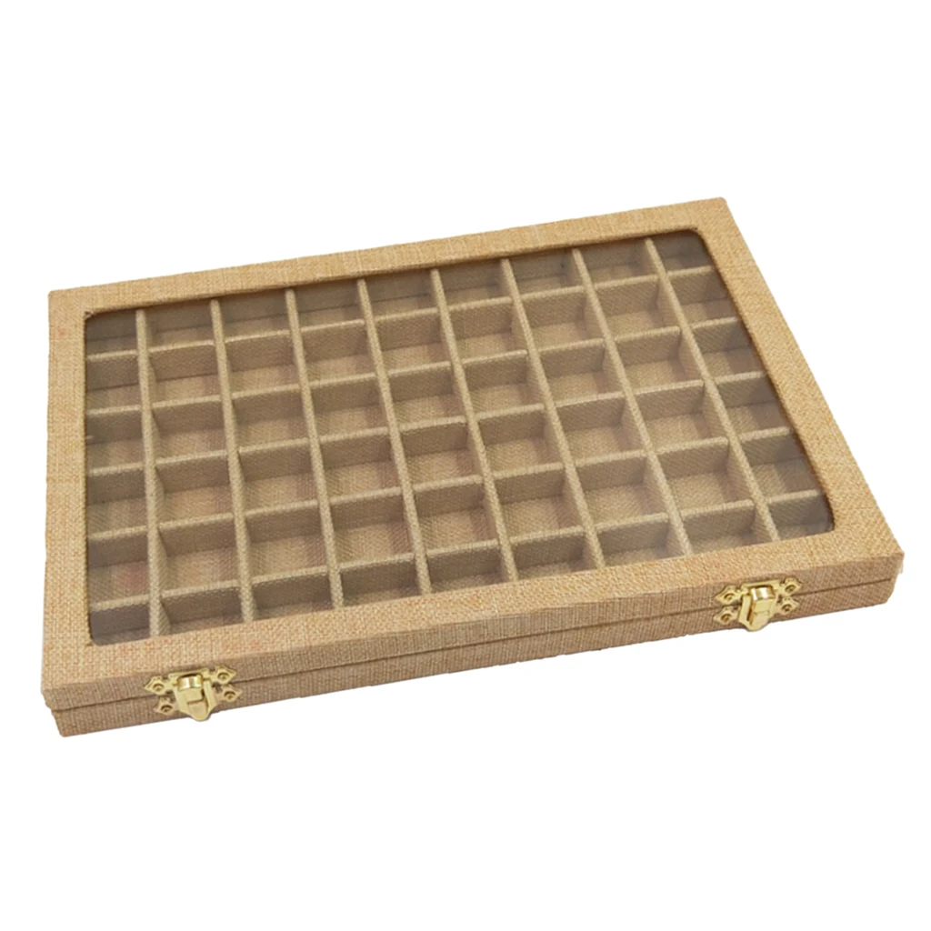 Line Board 54 Grids Clear Glass Lid Rings Holder Showcase Jewelry Case Organizer Jewelry Box for Earrings Necklaces Bracelets